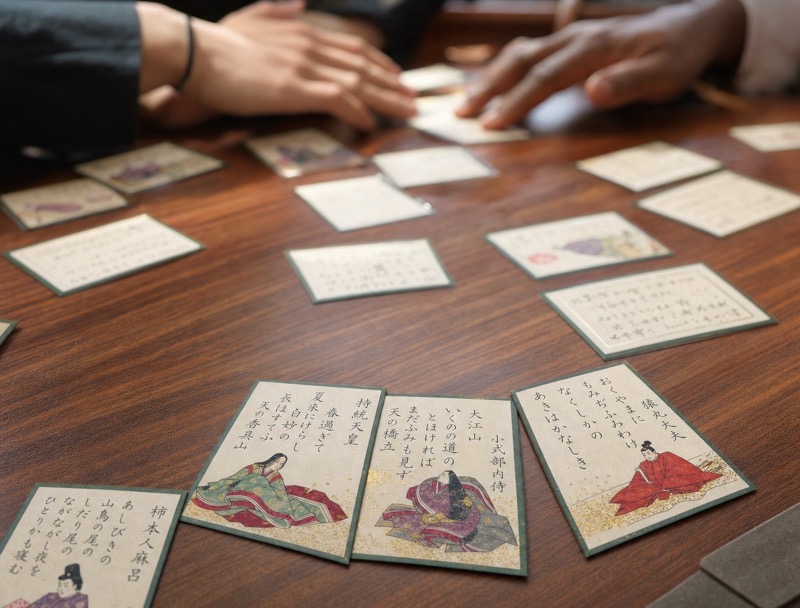 百人一首かるたを取り合う手元と歌人の絵札