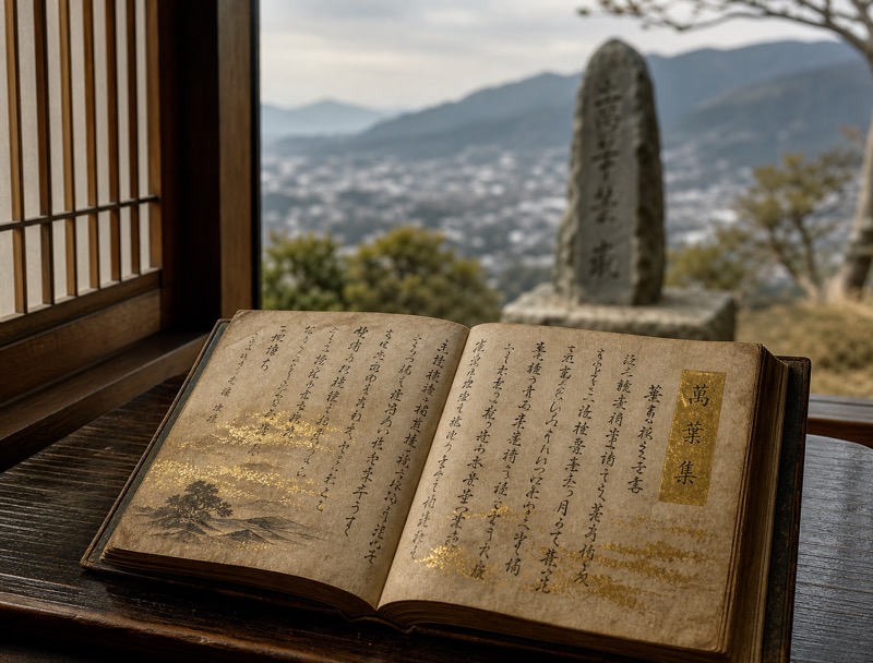 金箔をあしらった万葉集の古書と歌碑、霞む山並み